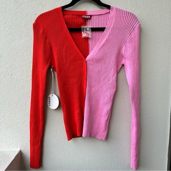 NWT STAUD Women’s Red Pink Cargo Cardigan Sweater Ribbed Size Large - Picture 4 of 12